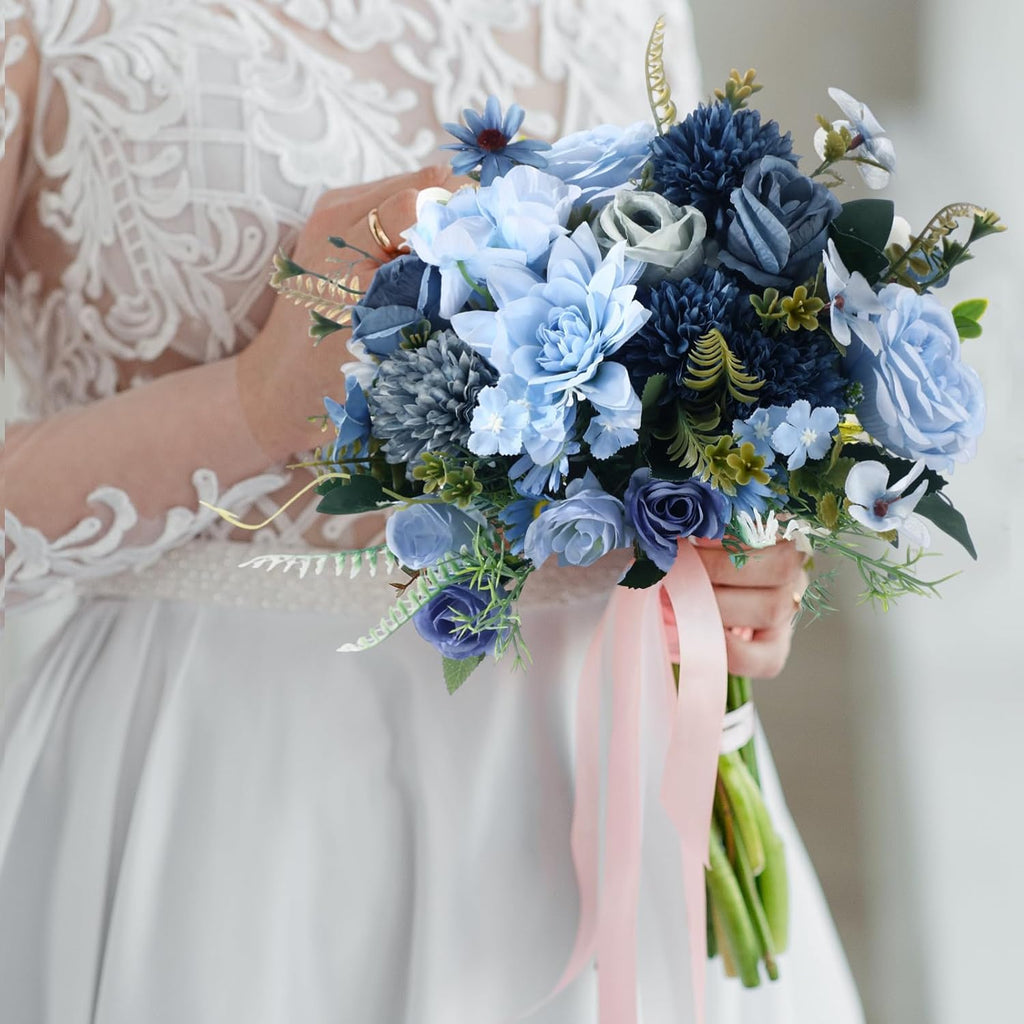 8 Pcs Gradient Blue Artificial Flowers Bouquet Peonies Silk Dahlia Faux Rose Fake Chamomile Hydrangea Floral