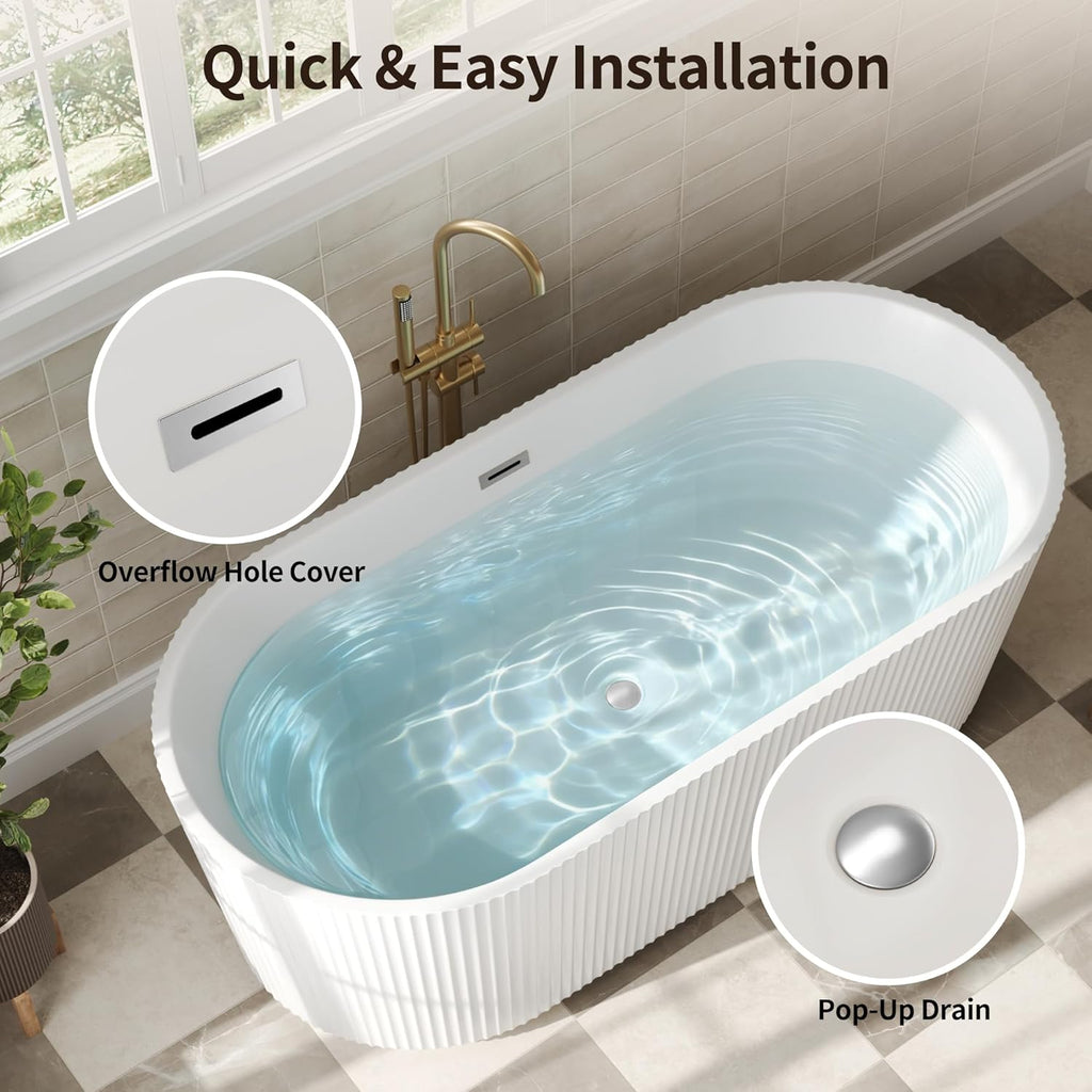 67" Acrylic Freestanding Bathtub, Easy Install Standalone Deep Soaking Tub with Fluted Design, Modern Ergonomic