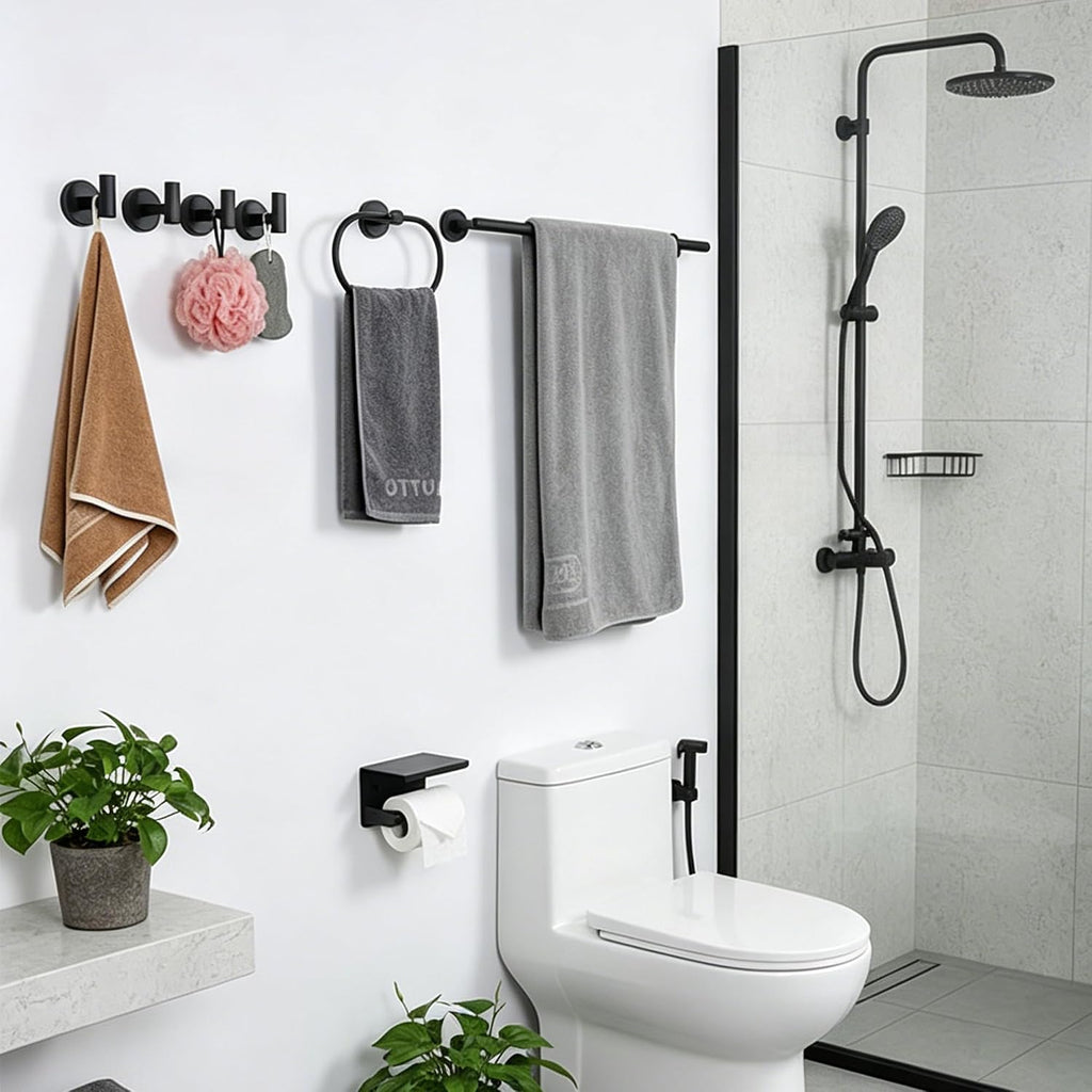 7-Piece Bathroom Hardware Accessories Set, SUS304 Towel Bar, Black | 25.9-Inch Towel Rack, Oval Towel Ring, Toilet