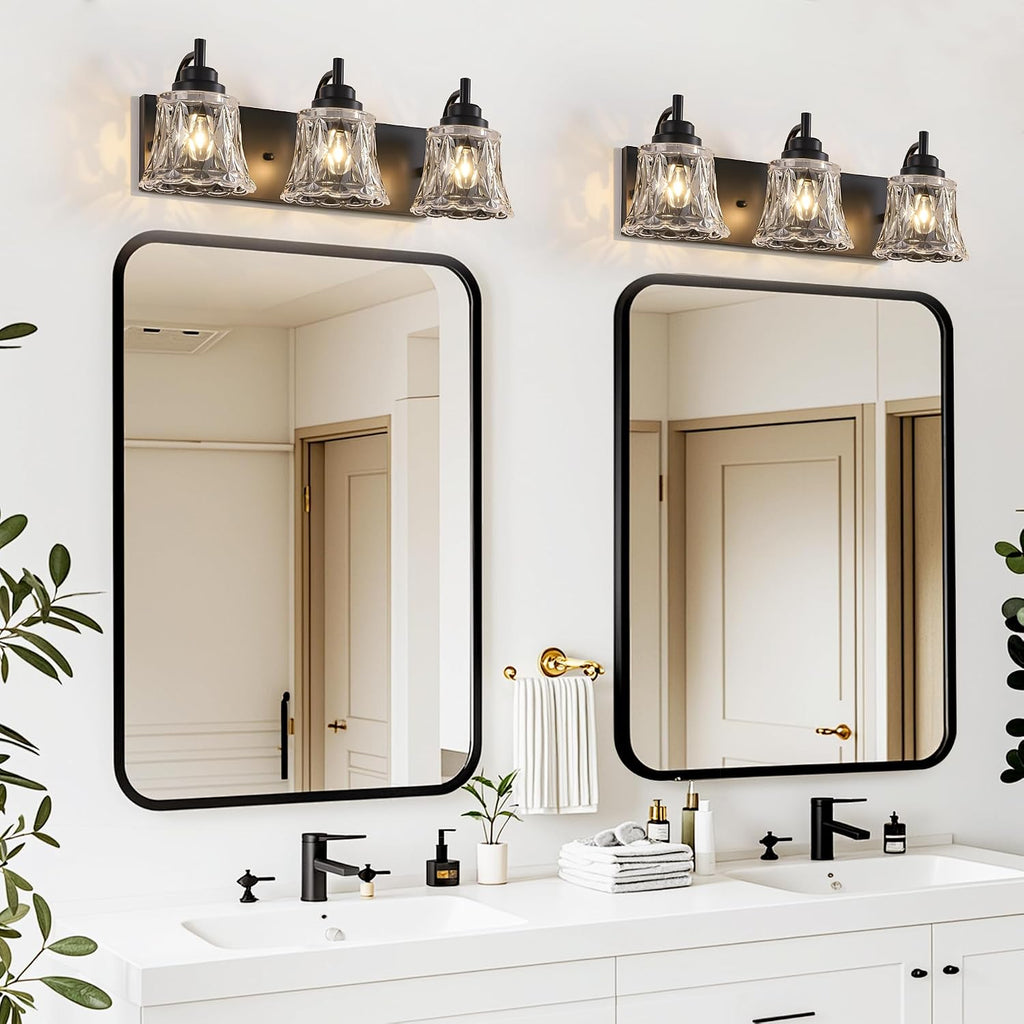 Vintage Bathroom Light Fixtures, 3-Light Matte Black Crystal Glass | Mounted Over Mirror, Matte Black Finish, Vintage