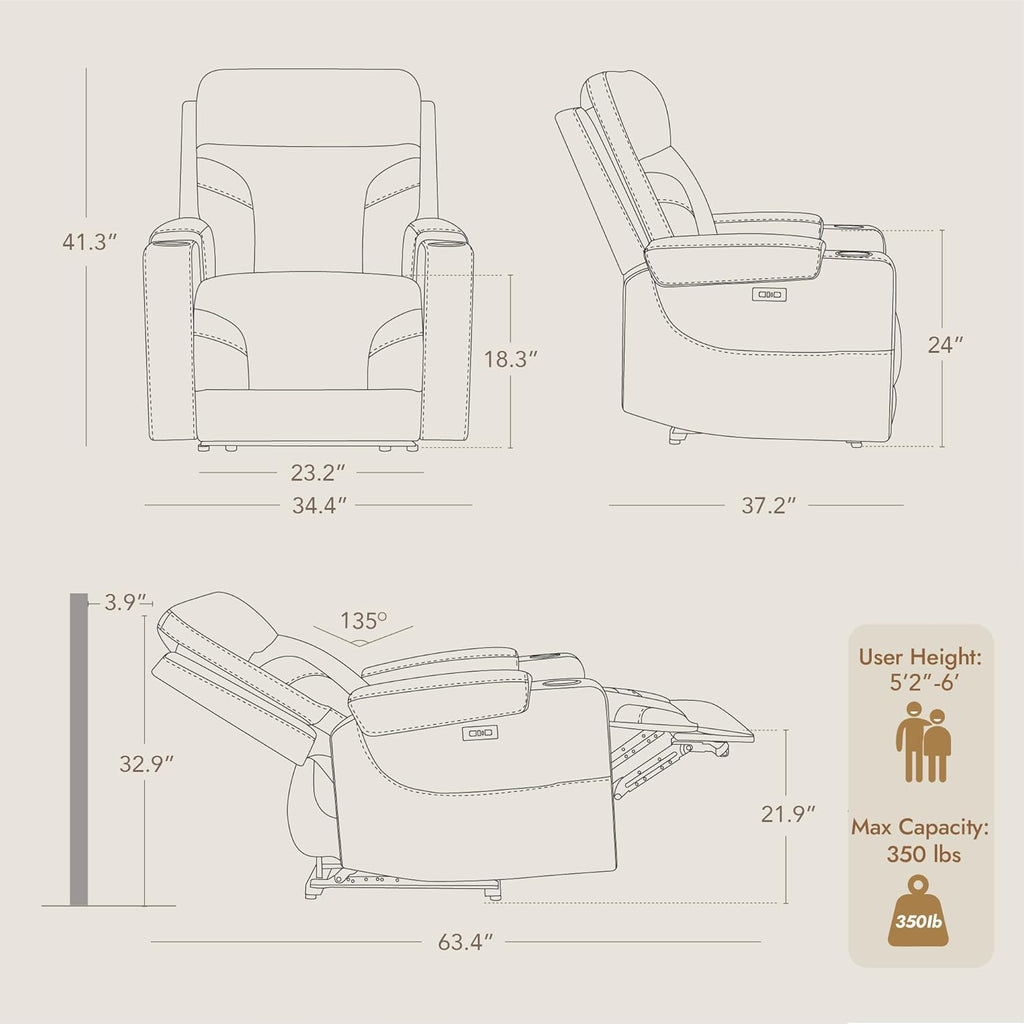 Genuine Leather Power Recliner Chair, Wall Hugger Electric Reclining Chair with Cup Holders & Charging Ports , Navy