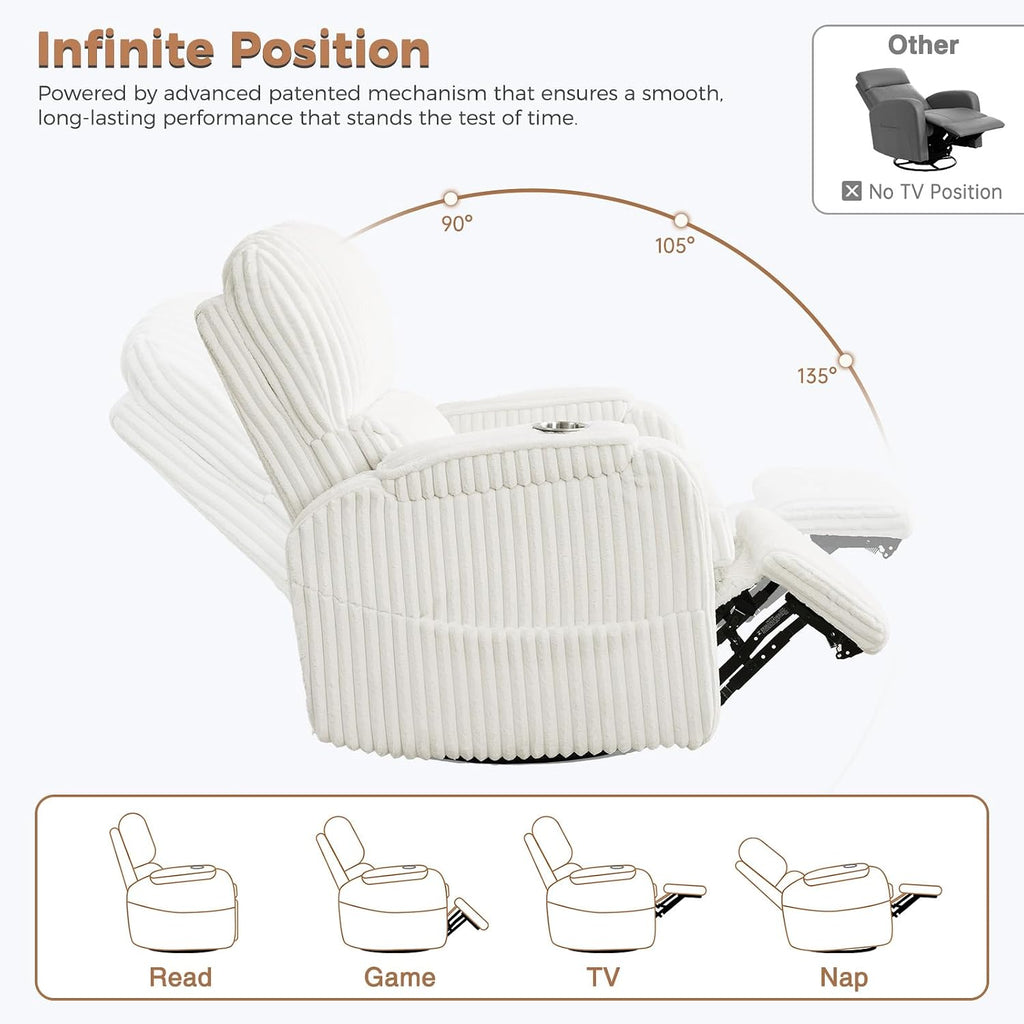 Power Nursery Recliner,26''Swivel Rocker Recliner,Adjustable Headrest,White | Extra Wide Recliner, Oversized