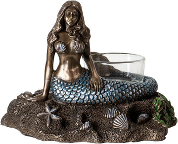 Nautical Mermaid Votive Tealight Candle Holder, Bronze and Blue Decorative Figurine with Glass Cup, Ocean Theme Res