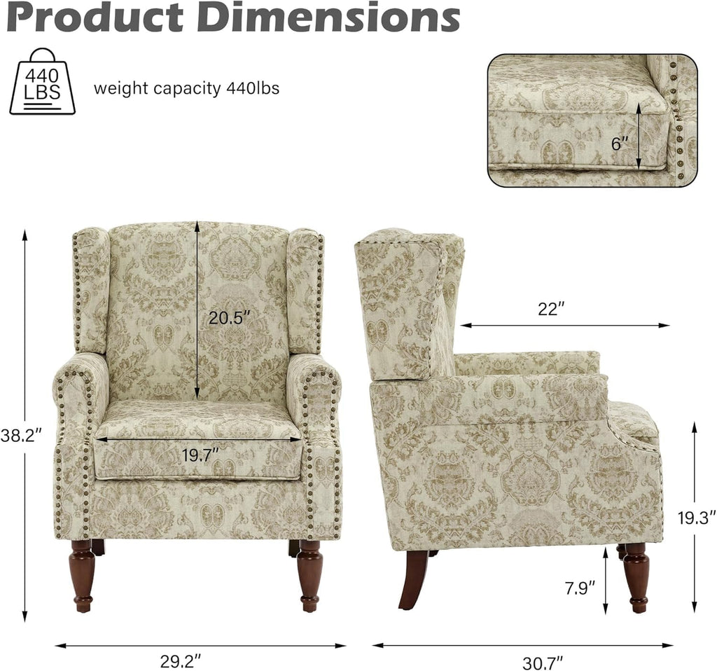 Floral Wingback Accent Chair, Fabric Upholstered High Back Armchair | Printed Reading Seat with Wooden Legs &