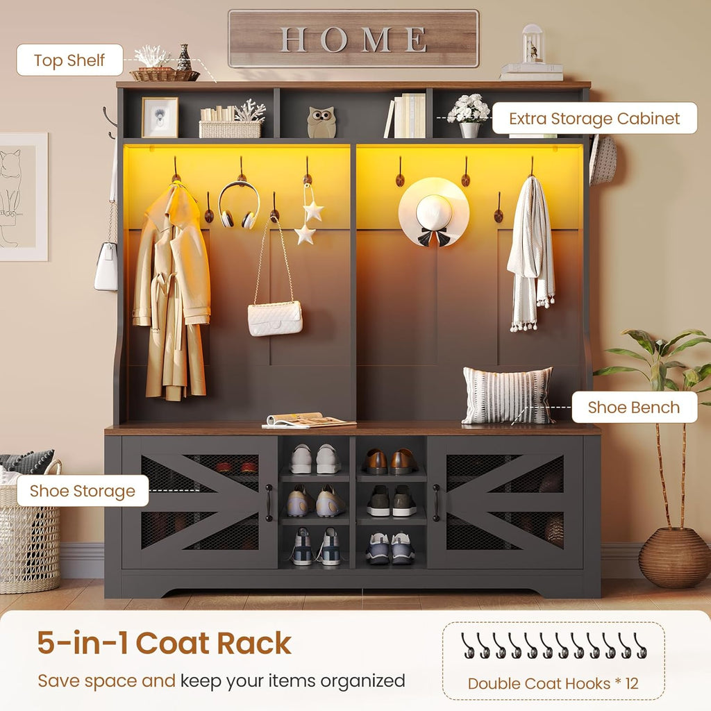 Hall Tree with Bench and Shoe Storage, 5-in-1 Entryway Bench with Coat Rack, 16 Shoe Cubbies & 12 Coat Hooks, Barn
