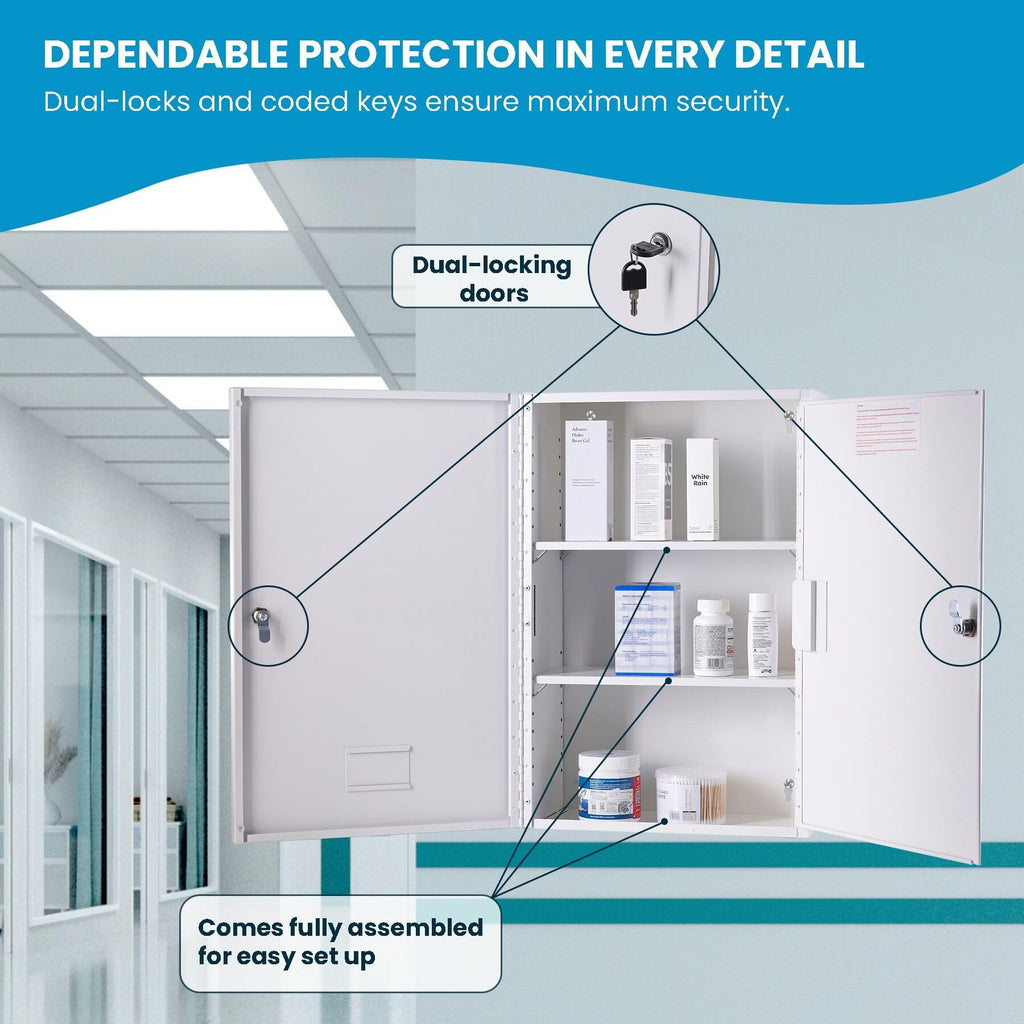 Medium White Double Door Narcotics Cabinet, Locking Medicine Cabinet, 14.5" H x 9.5" W x 4" D