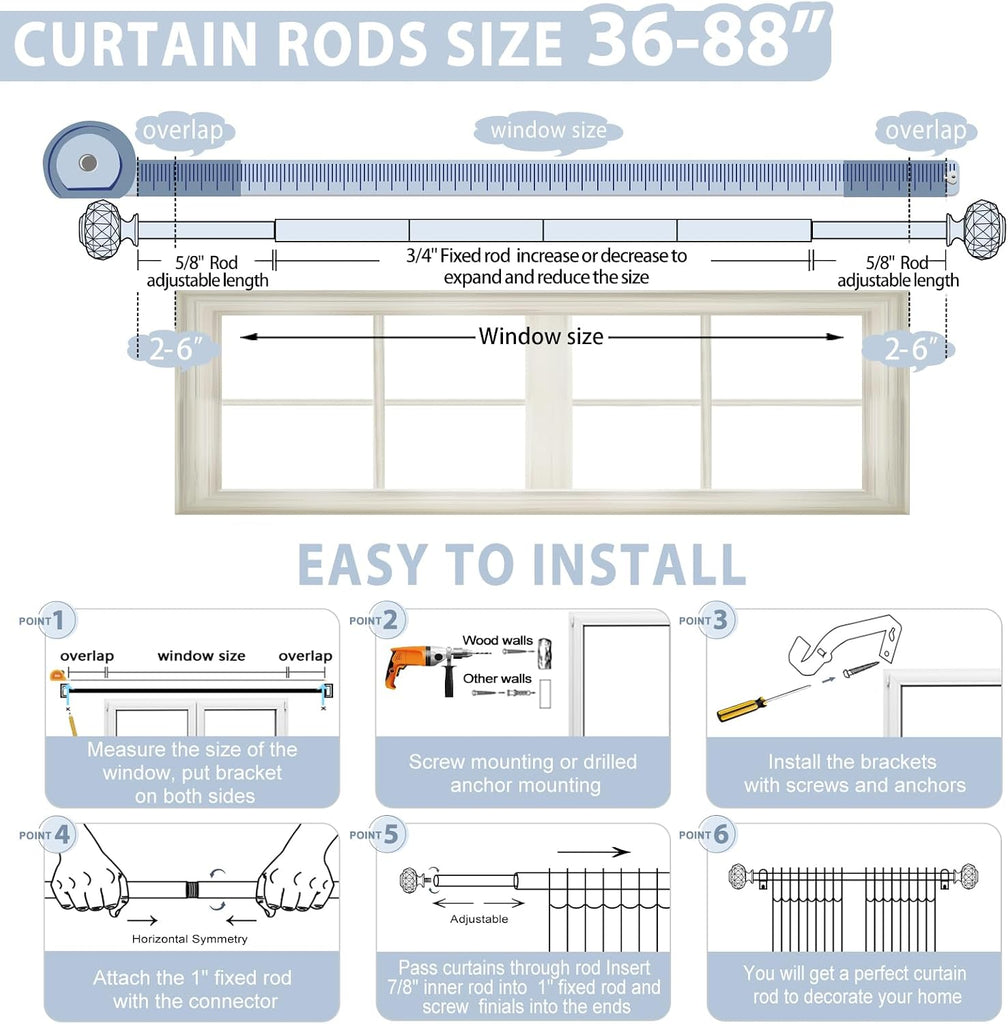 Gold Decorative Crystal Curtain Rods: Heavy Duty Adjustable Window Curtain Rods for Bedroom Living Room