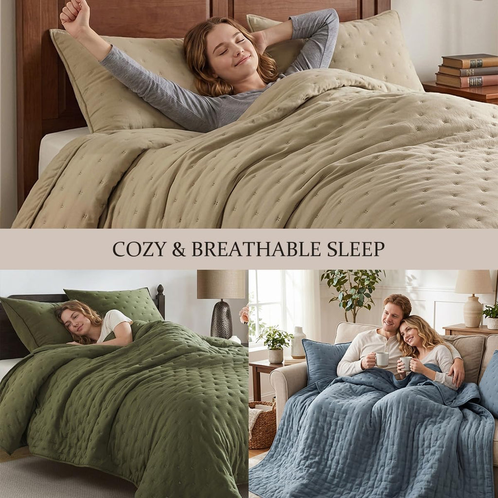 Beige Cloud Quilt Bedding Sets with Pillow Shams, Farmhouse Lightweight Soft Bedspread Coverlet, All Season