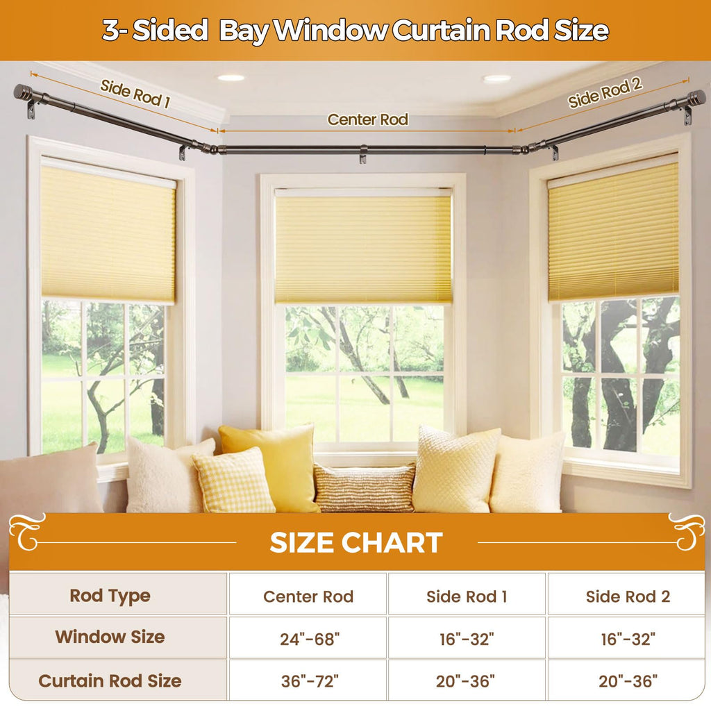 Bay Window Curtain Rods 36-72 Inch(Center Rod), 1" Diameter, Bronze