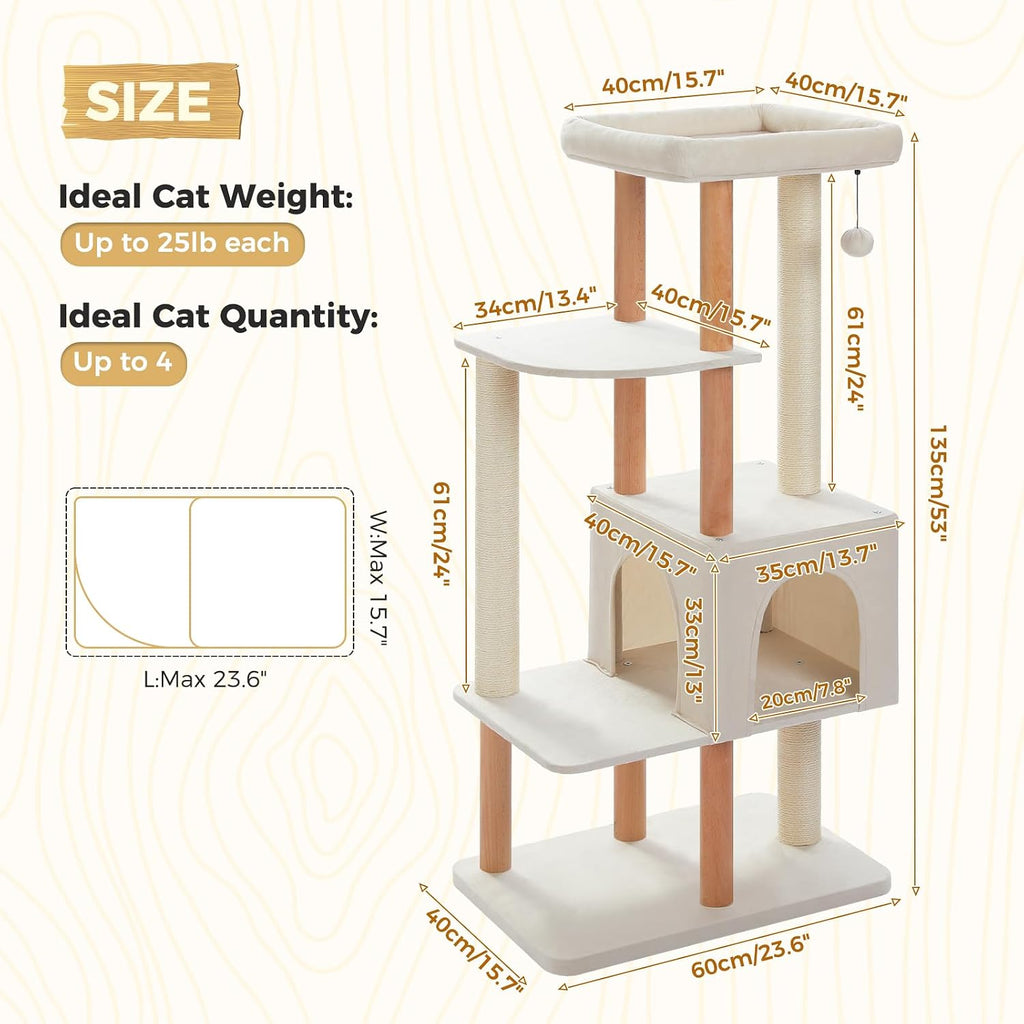 53" Modern Cat Tree Large Cats, Cat Tower with Scratching Posts