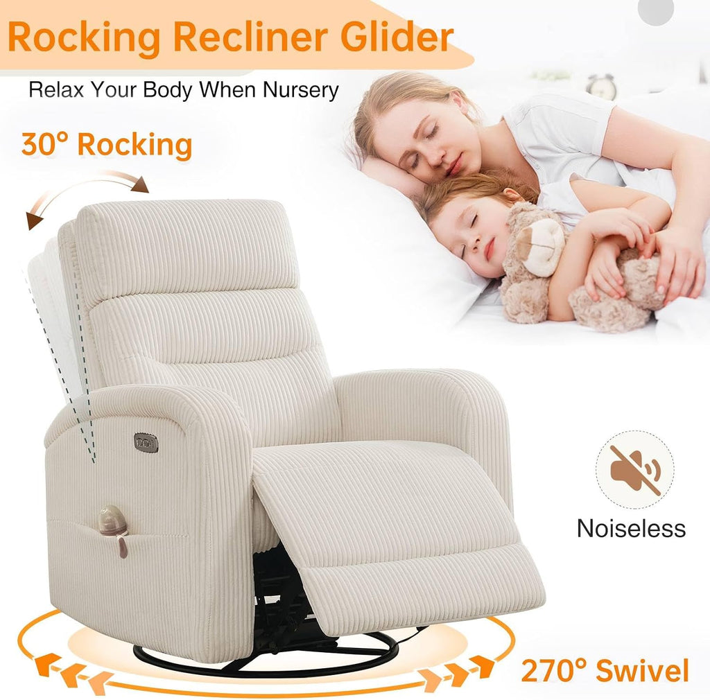 Power Swivel Rocker Recliner,reclining rocking chair,CreamWhite | 270° Swivel Rocker with Type-C & USB Port Double