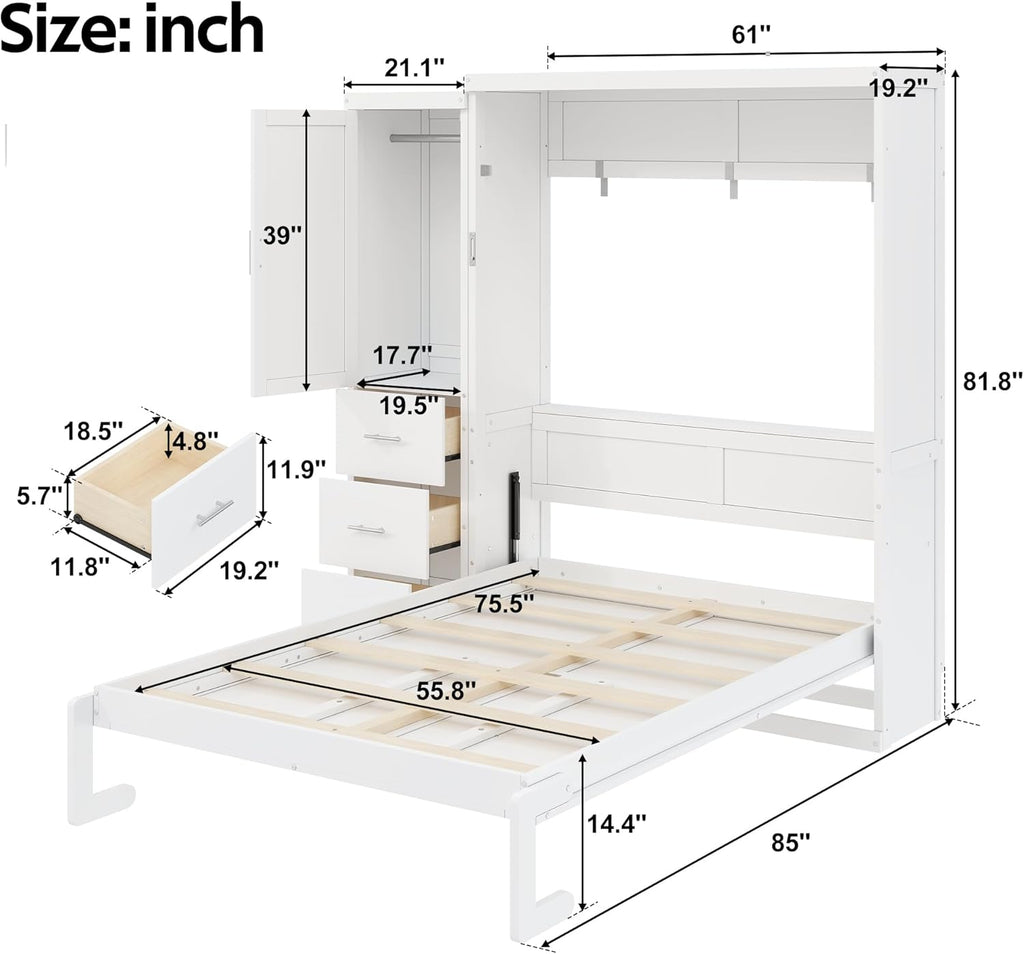Full Murphy Bed with Storage, Wood Hideaway Wall Bed Frame with 3 Drawers & Wardrobe, Space-Saving Murphy Bed Cabinet