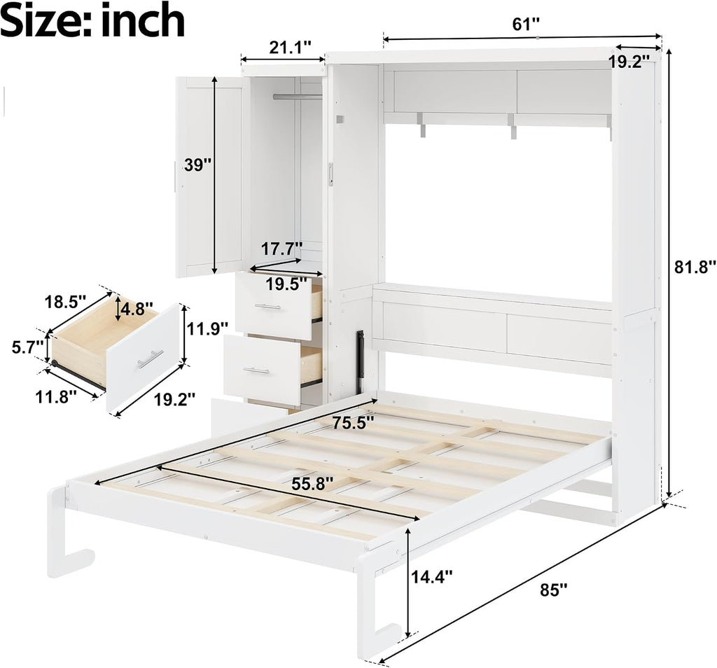 Full Murphy Bed with Drawers and Wardrobe,Multifunctional Foldable Wood Platform Bed Frame for Small Spaces Studio