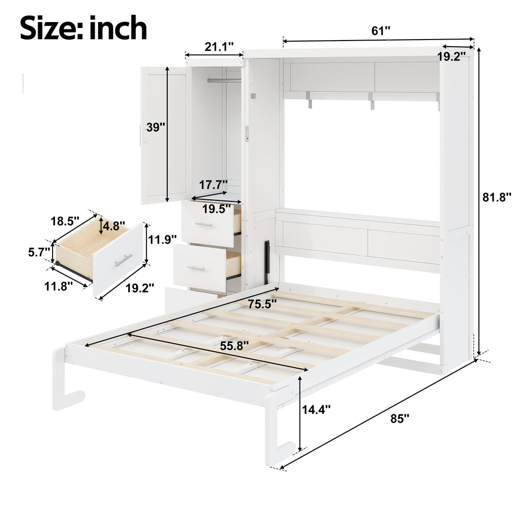 Full Murphy Bed with Storage Cabinet, Foldable Space-Saving Wood Wall Bed Frame with Wardrobe and 3 Drawers, Hidden