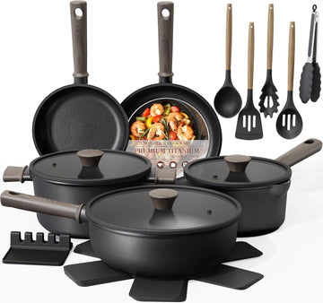 19 Pcs Pots and Pans Set Non Stick, Black Titanium Induction Kitchen Cookware Sets, Non toxic Healthy Kitchen Cooking
