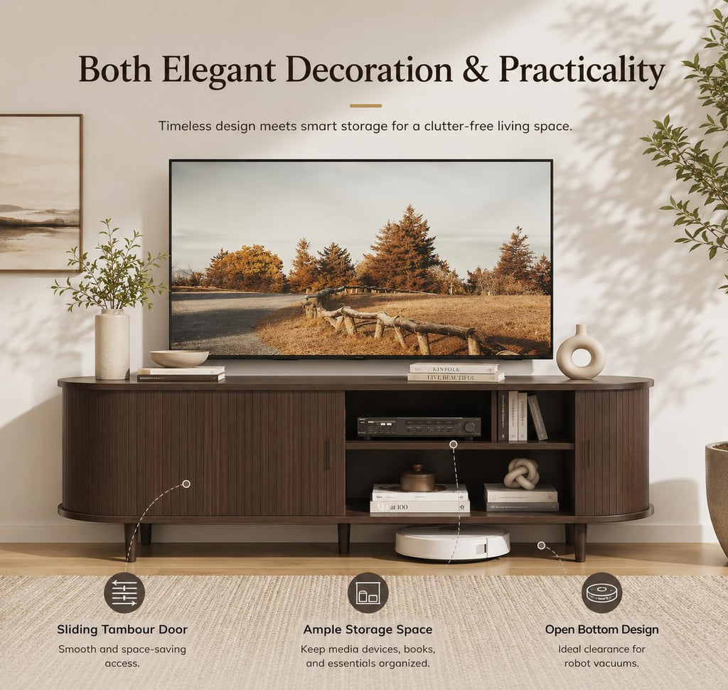 58" Mid-Century Modern TV Stand with Sliding Doors, TV Consoles with Power Outlet, Fluted Entertainment Center with Adjustable Shelves for Living Room