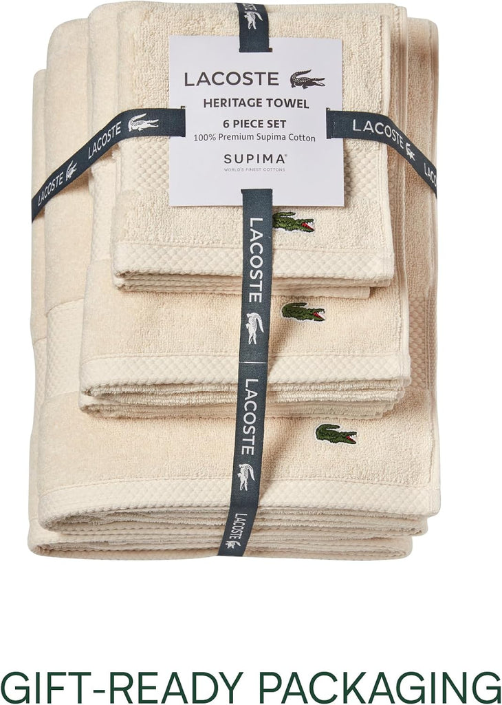Heritage Supima Cotton 6-Piece Towel Set, 2 Bath Towels, 2 Hand Towels, 2 Washcloths, Chalk - Highly Absorbent &