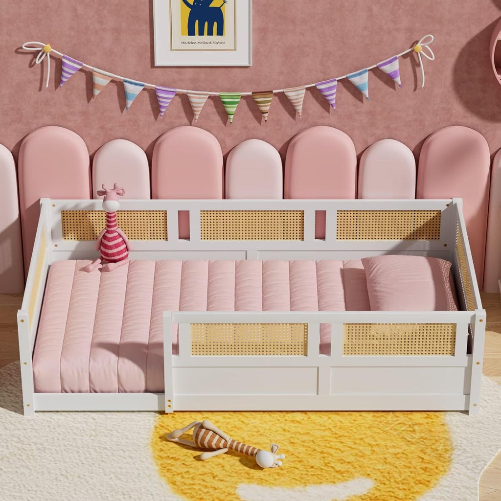 Twin Size Floor Bed with PE Rattan High Fence, Wood Montessori Bed Frame with Slats for Children Girls Boys, White