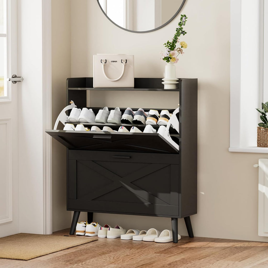 Farmhouse Shoe Storage Cabinet with Flip Drawers & Barn Door Design | Slim Narrow Shoe Rack Cabinet with Adjustable