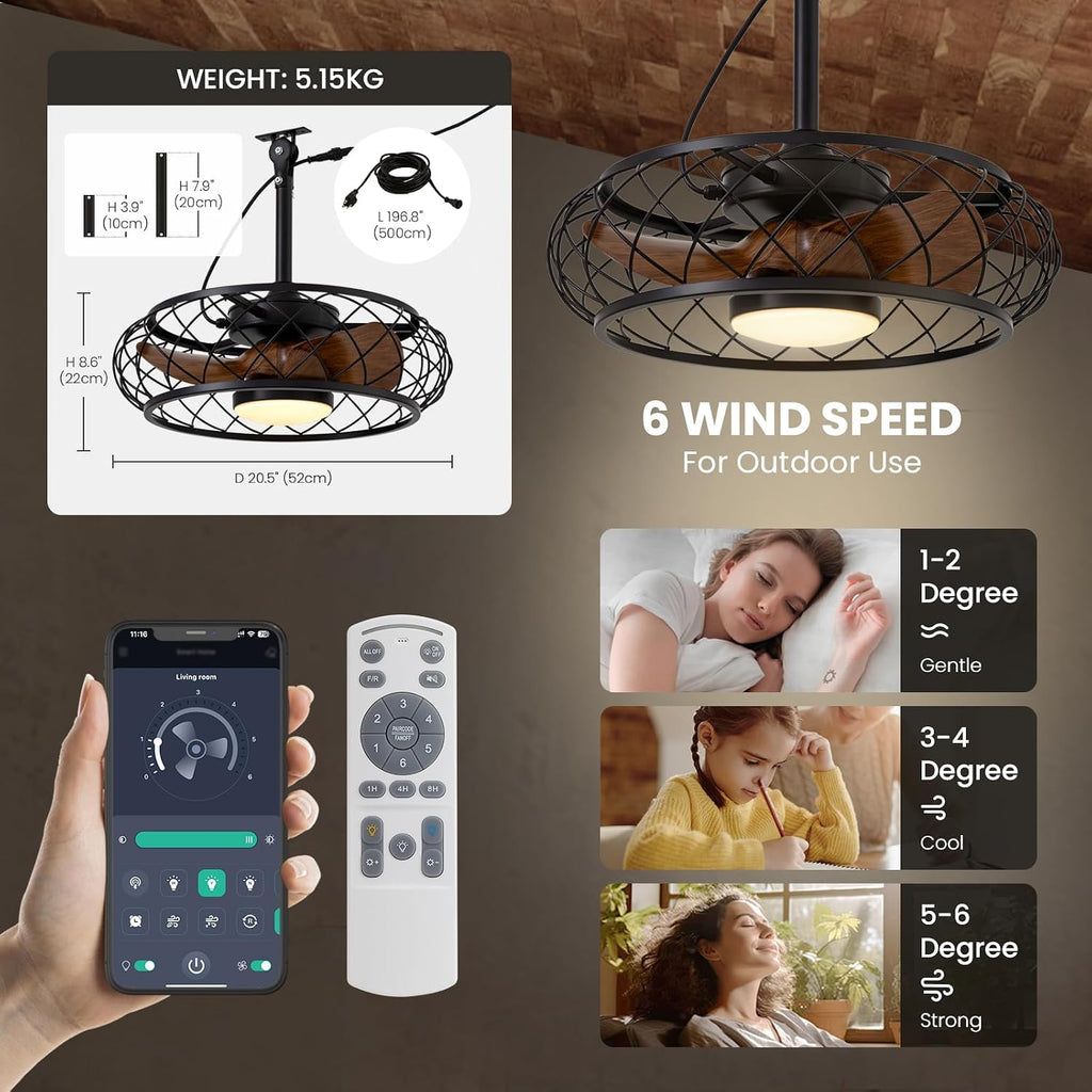 20'' Outdoor Ceiling Fans with Lights, Gazebo Fan Wet Rated Remote&APP Control, Plug in Ceiling Fan for Patios