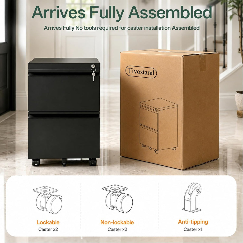 2 Drawer Mobile File Cabinet with Lock, Fully Assembled | Under Desk Metal Filing Cabinet Organization, Fits