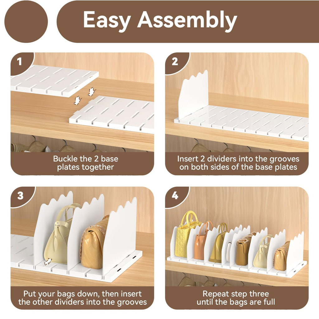 Adjustable Shelf Dividers for Closet, Purse Organizers for Bag, White
