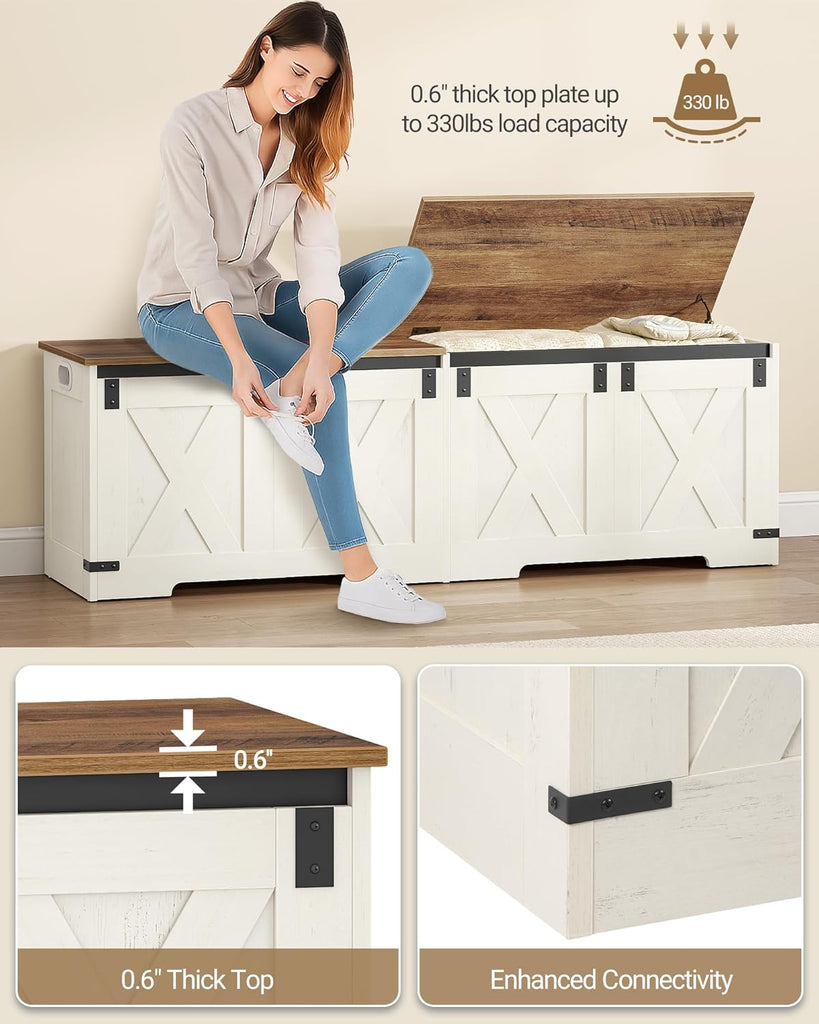 59" Storage Bench, Lift Top, 268L/70 Gal Large Chest | | Retro White, Farmhouse, FSC Wood, 330lb, Double Hinges