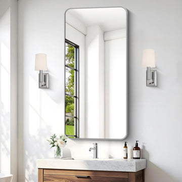 48x24 Inch Silver Bathroom Mirror, Metal Framed Silver Rectangle Mirror, Rounded Rectangular Vanity Mirror, Wall