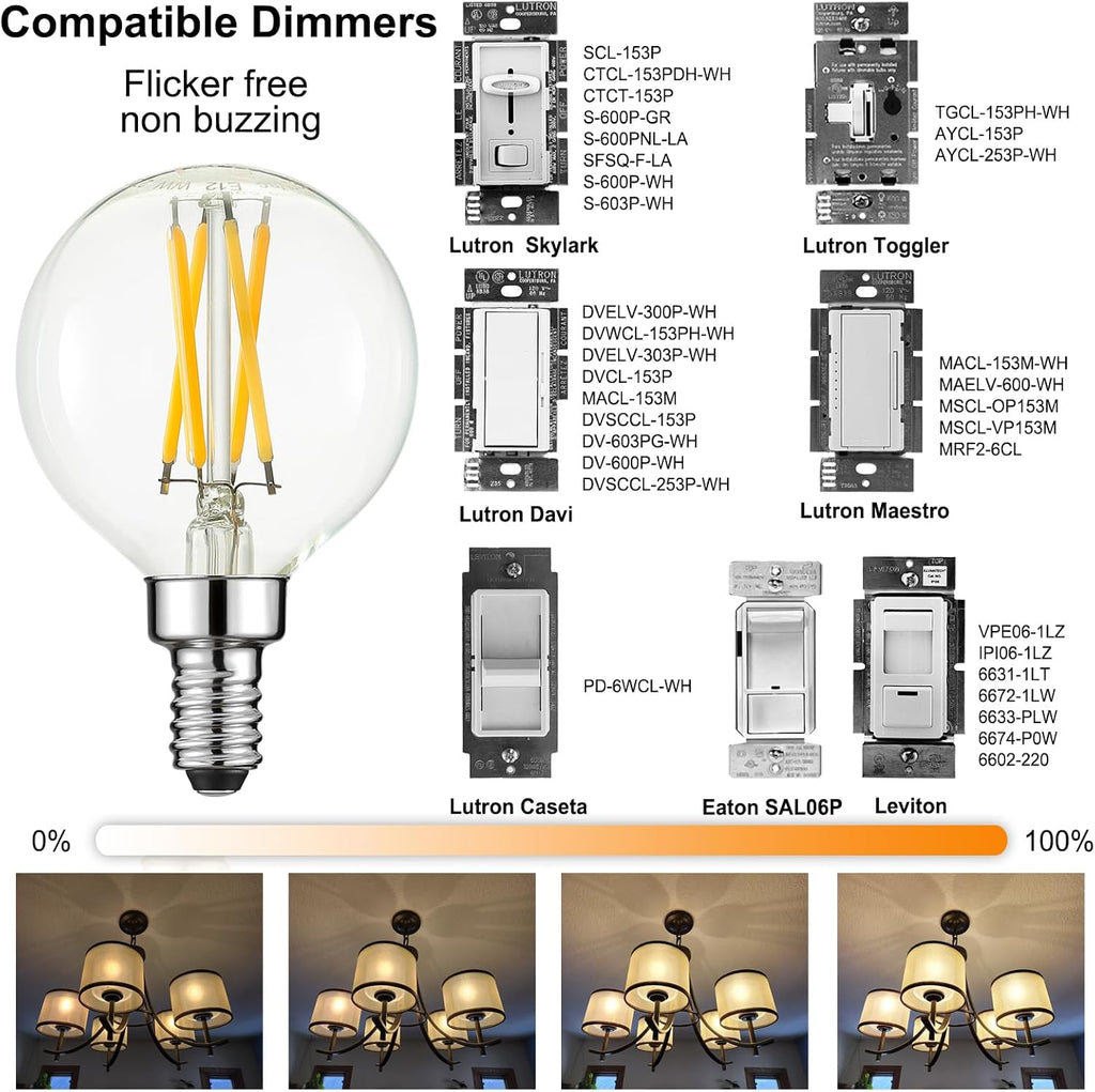G16.5 Light Bulb,4W E12 LED Bulb dimmable Equivalent E12 Candelabra Bulb 40 Watt,Warm White 2700K,400lm,CRI85+,AC120V (Pack Of 6)