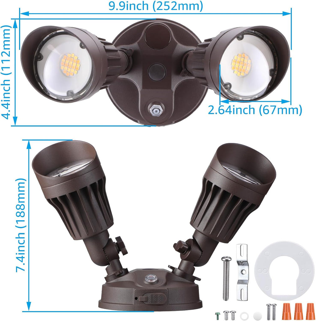 3CCT Dusk to Dawn LED Security Lights with Photocell, Bronze | Adjustable Dual-Head Flood Light Outdoor