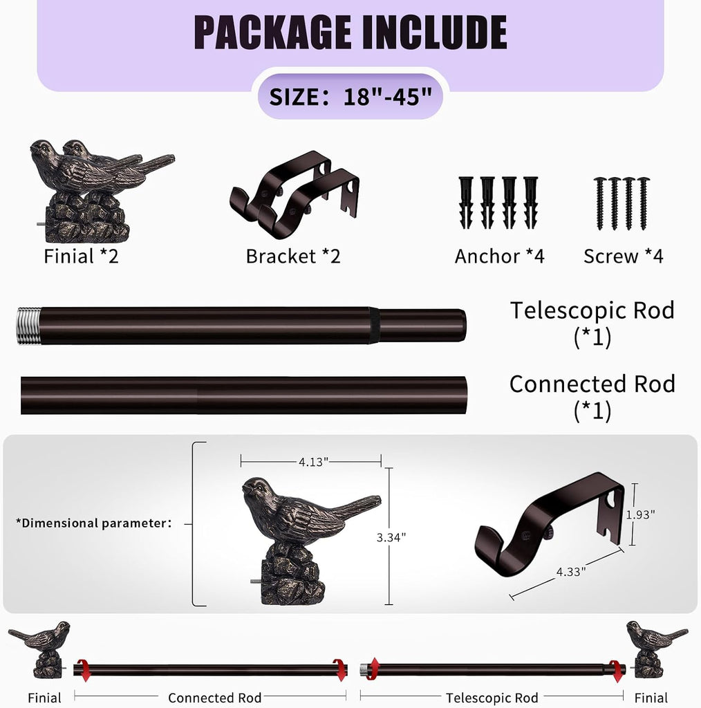 Curtain Rods Vintage Oil Bronze Curtain Rods for Windows Adjustable Drapery Rod with Bird Finials