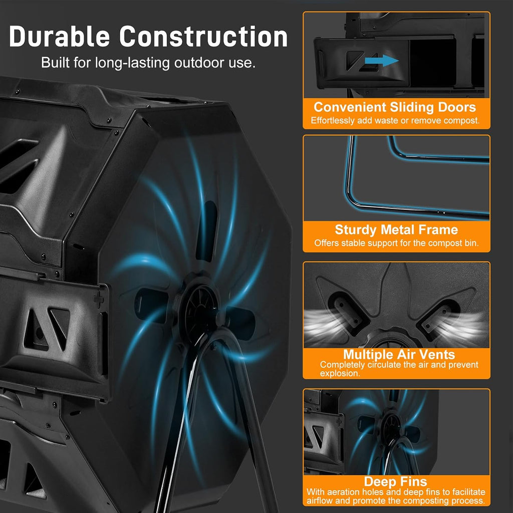 Outdoor Dual Chamber Compost Tumbler, 43 Gallon Black Rotating Batch Compost Bin with Sliding Doors Kitchen Yard