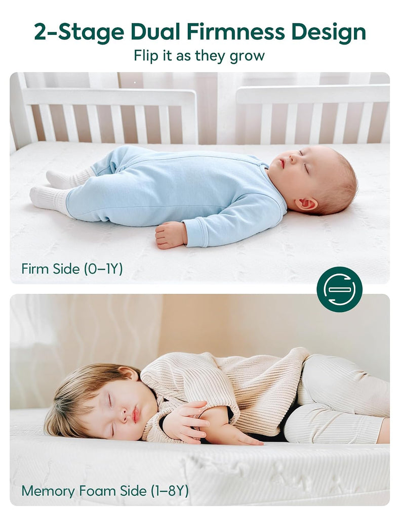 Breathable Crib Mattress, Dual Sided, Memory Foam Toddler Mattress | Machine Washable Cover, Waterproof Inner Liner