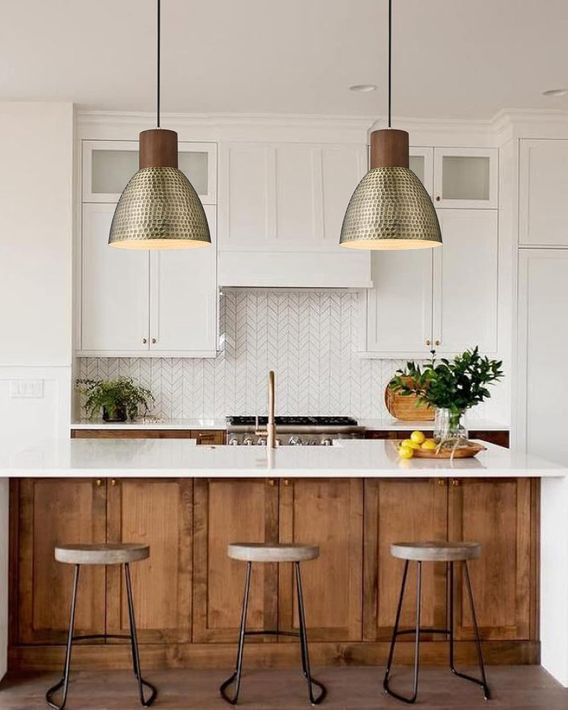 2 Pack Hammered Pendant Light Fixtures, 10.2" Vintage Metal Solid Wood Hanging Bar Lamp, Mid Century Antique Gold