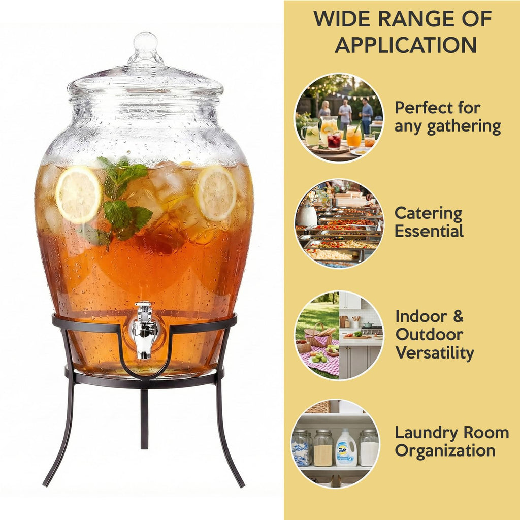 Glass Beverage Drink Dispenser with Metal Rack Stand, 2.64 Gal