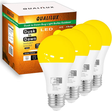 Dusk to Dawn A19 LED Bug Light Bulbs Outdoor, 1900K Amber Yellow, 600 Lumen, 9.5W, E26, 4-Pack, HQ-H018