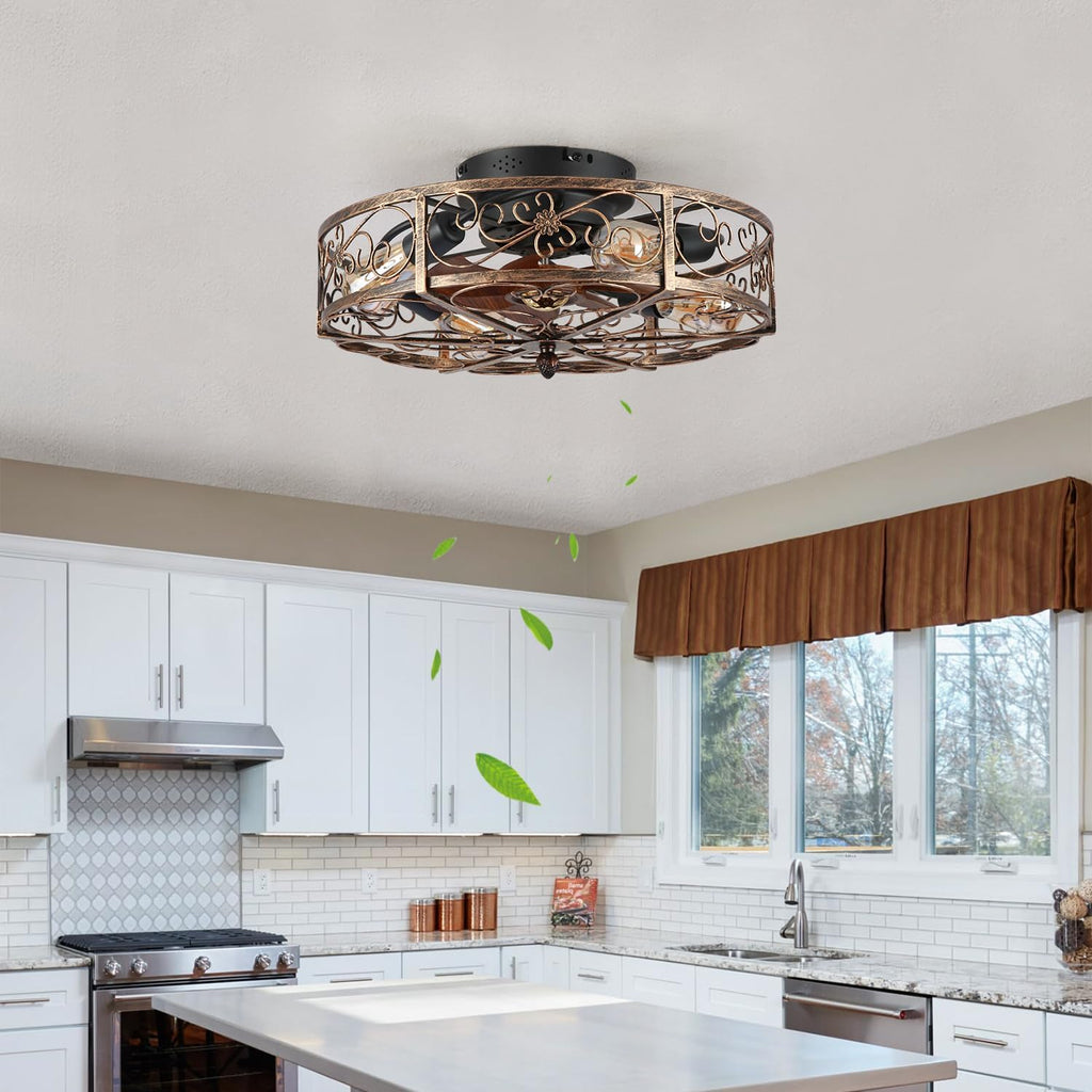 20'' Caged Ceiling Fan with Lights and Remote Control,Small Farmhouse Bladeless Low Profile Ceiling Fans Lights