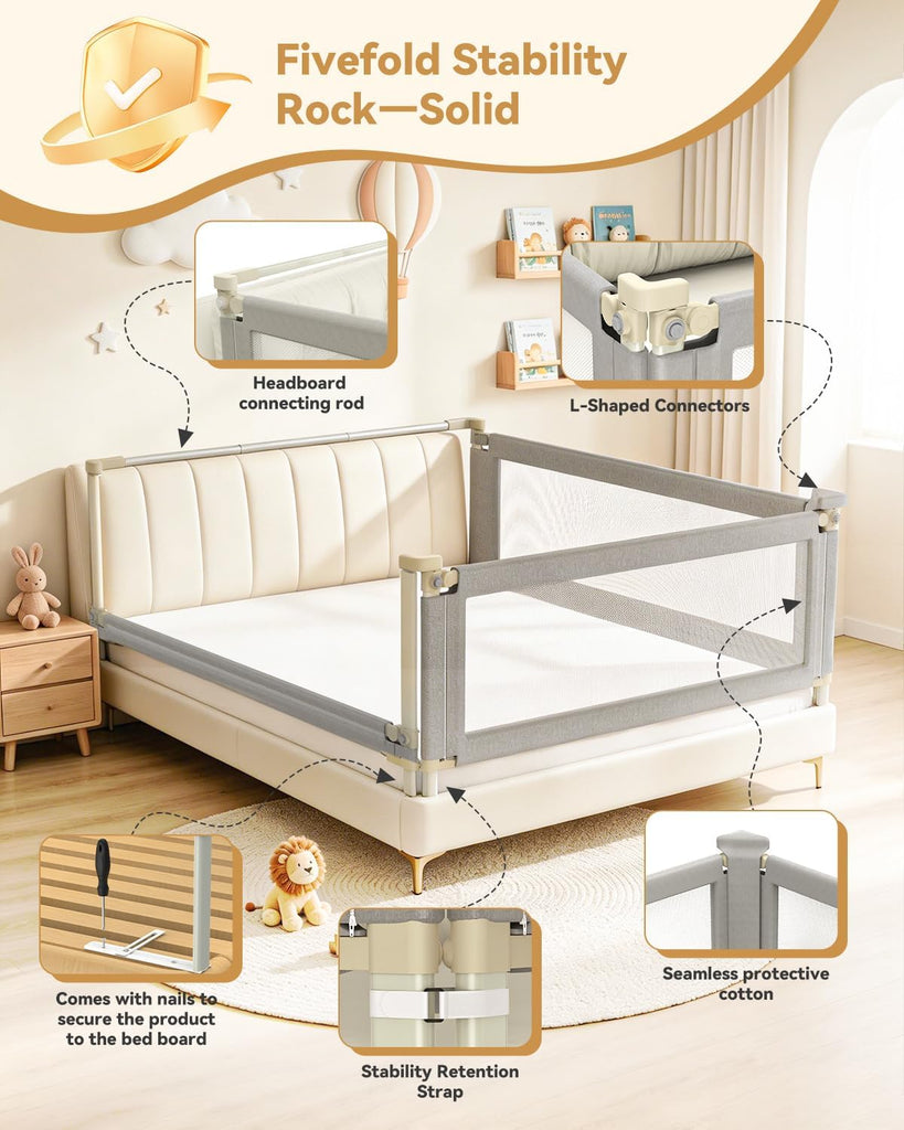 3-Piece Full Size Bed Rail for Toddlers, Baby Bed Rail Guard with Height Adjustable, Headboard Rod, Bed Safety Rails