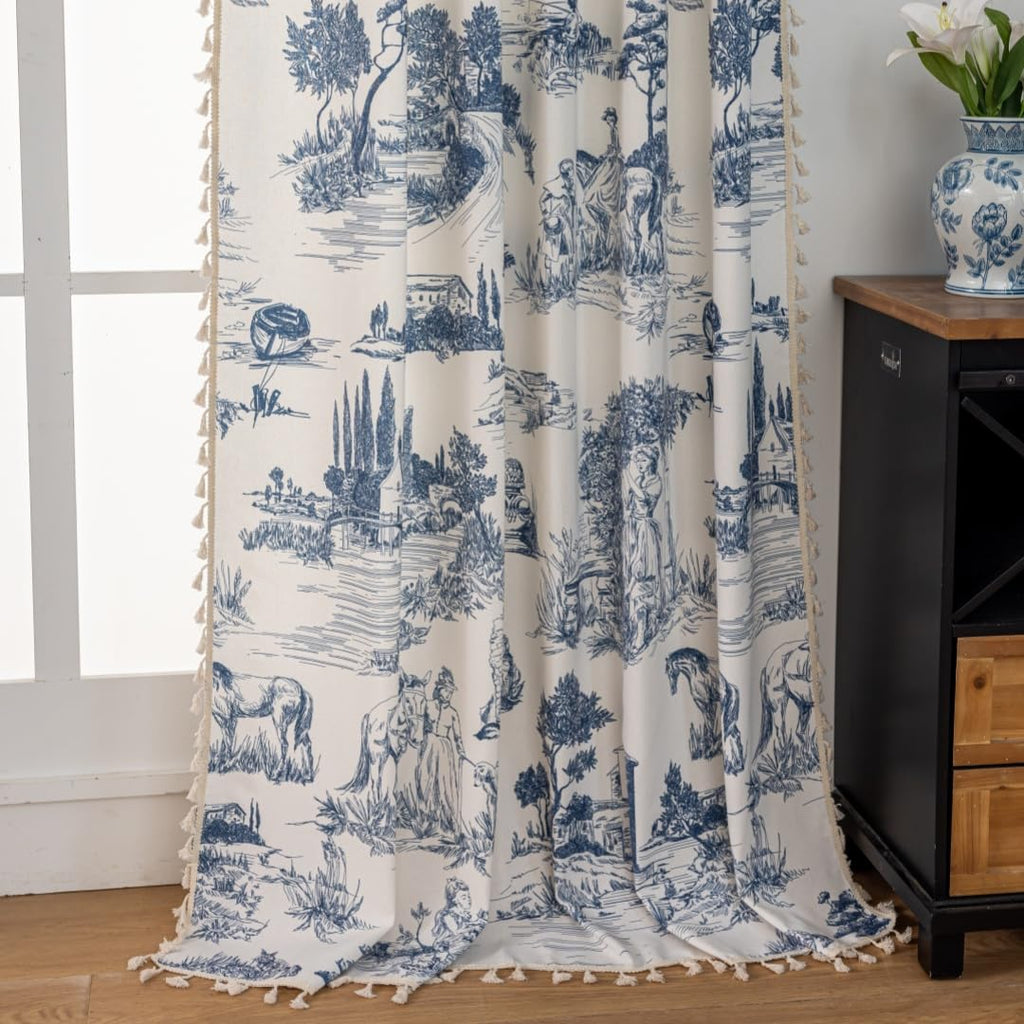 Blue Victorian curtainsCurtains 2 Panels Patterned Print Semi Blackout Farmhouse Modern Toile Pattern on Cream White