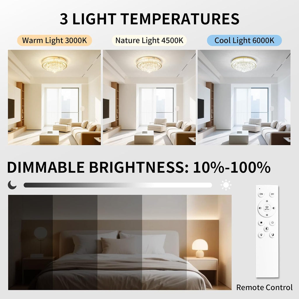 Modern LED Gold Crystal Chandelier: Flush Mount Crystals Ceiling Light With Remote - 24" Round Crystal Chandeliers