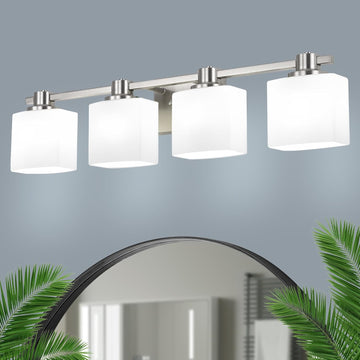32 Inch Brushed Nickel Vanity Light 4 Light Bathroom Light Fixtures Over Mirror Milk Glass Makeup Shower Lamp
