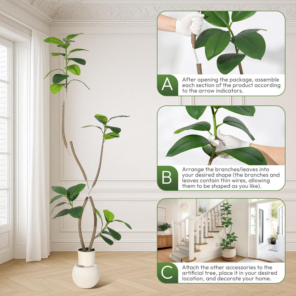 6 ft Artificial Plant Rubber Tree with off wh ite Sphere Resin Planter & Stone Faux Fiddle Leaf Fig Tree Indoor