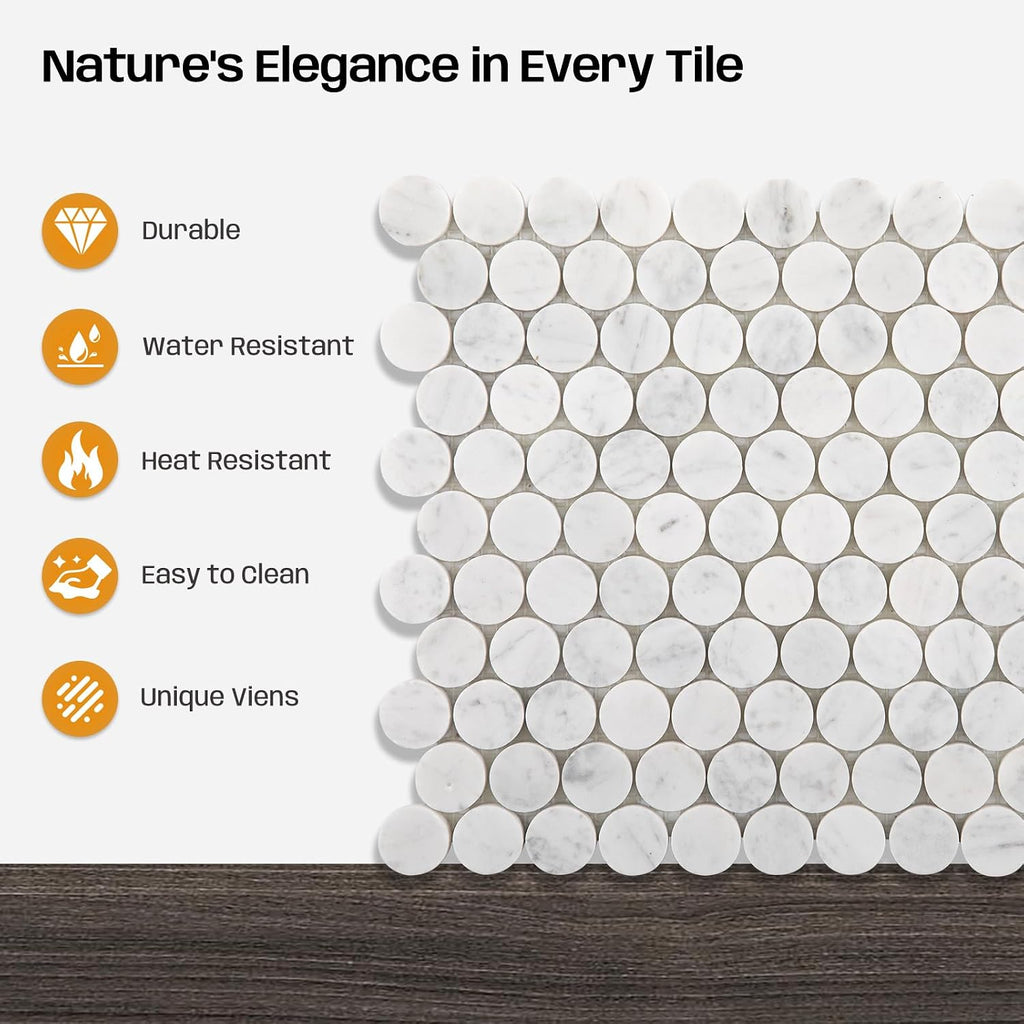 Carrara White Marble Mosaic Tile Bathroom Floor 1 Inch Penny | Water & Heat Resistant Polished Marble Backsplash for