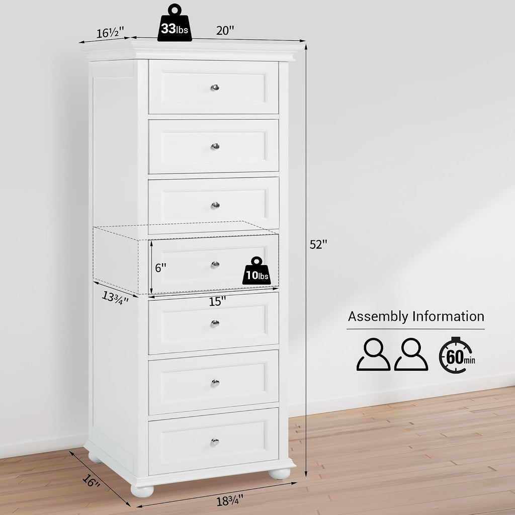 Tall White Dresser with 7 Drawers, 52" Tall Skinny Dresser | Modern White Tall Chest of Drawers Dresser,Wooden
