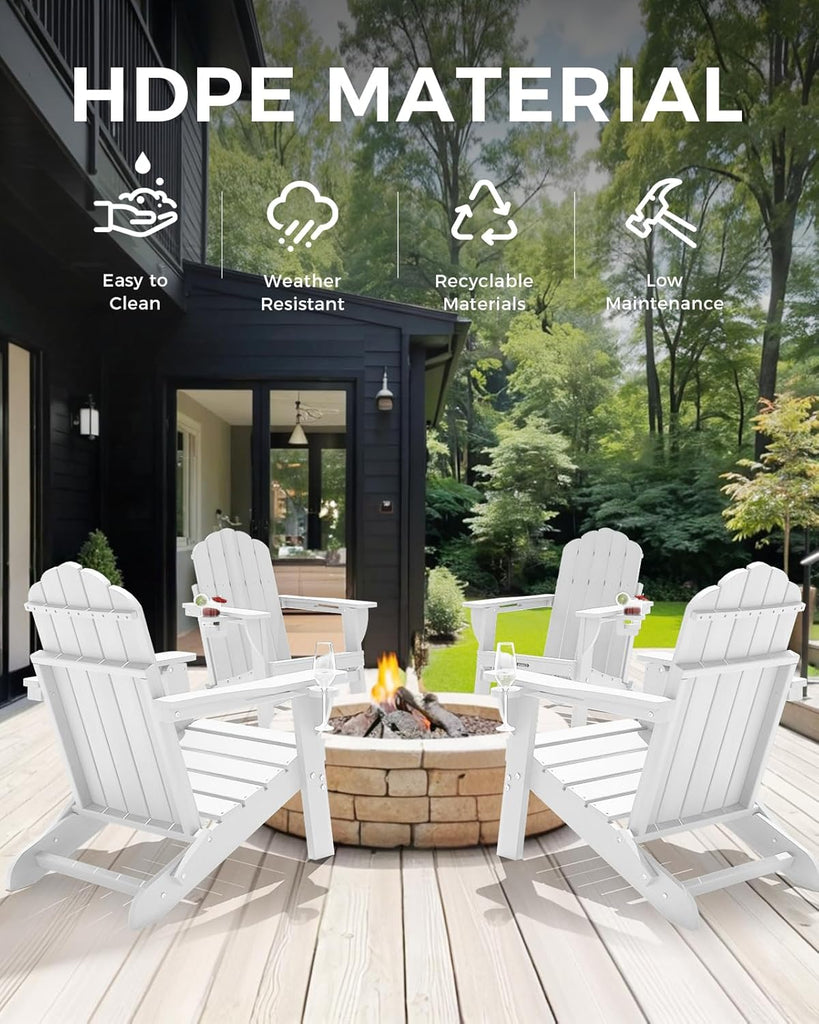 Folding Adirondack Chairs Set of 2, HDPE Outdoor Chair with 2 Cup Holders | All-weather, Wooden Texture, Oversized