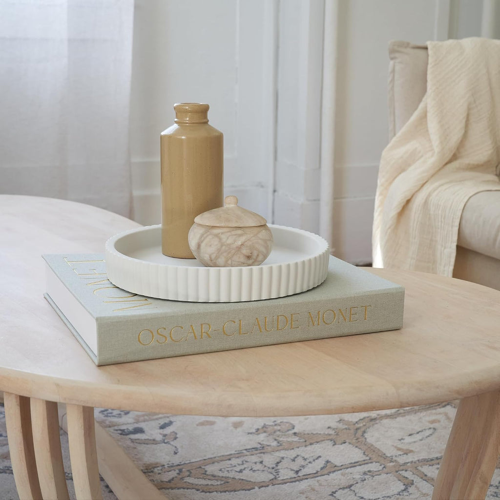 Decorative Concrete Tray & Book Decor Set - Scalloped Tray & Linen Box Enhance Your Coffee Table or Bookshelf Decor