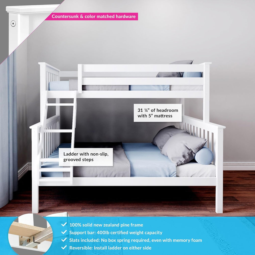 Bunk Bed Twin Over Full with Ladder, Solid Wood Platform Bed Frame with Ladder for Kids, 14" Safety Guardrails
