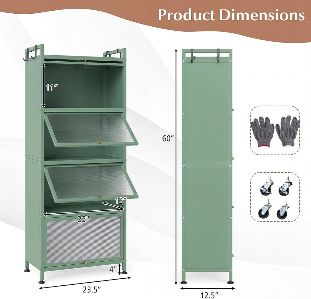 5-Tier Kitchen Storage Cabinet, 4 PC Doors, Rolling Wheels, Green | Mobile Metal Pantry Cabinet with 4 Hooks &
