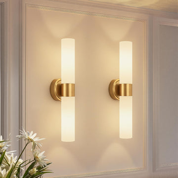 Hardwired Wall Sconces Set of Two, Modern Bathroom Sconces Wall Lighting with Milky White Glass, Brushed Gold Sconces