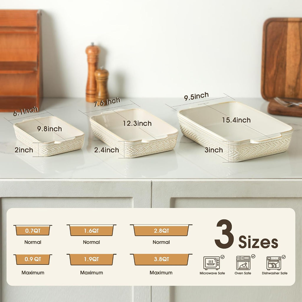 Casserole Dishes for Oven, Beige Ceramic Dish Set of 3 | 9x13" Rectangular Lasagna Pans Casserole Dish Set for